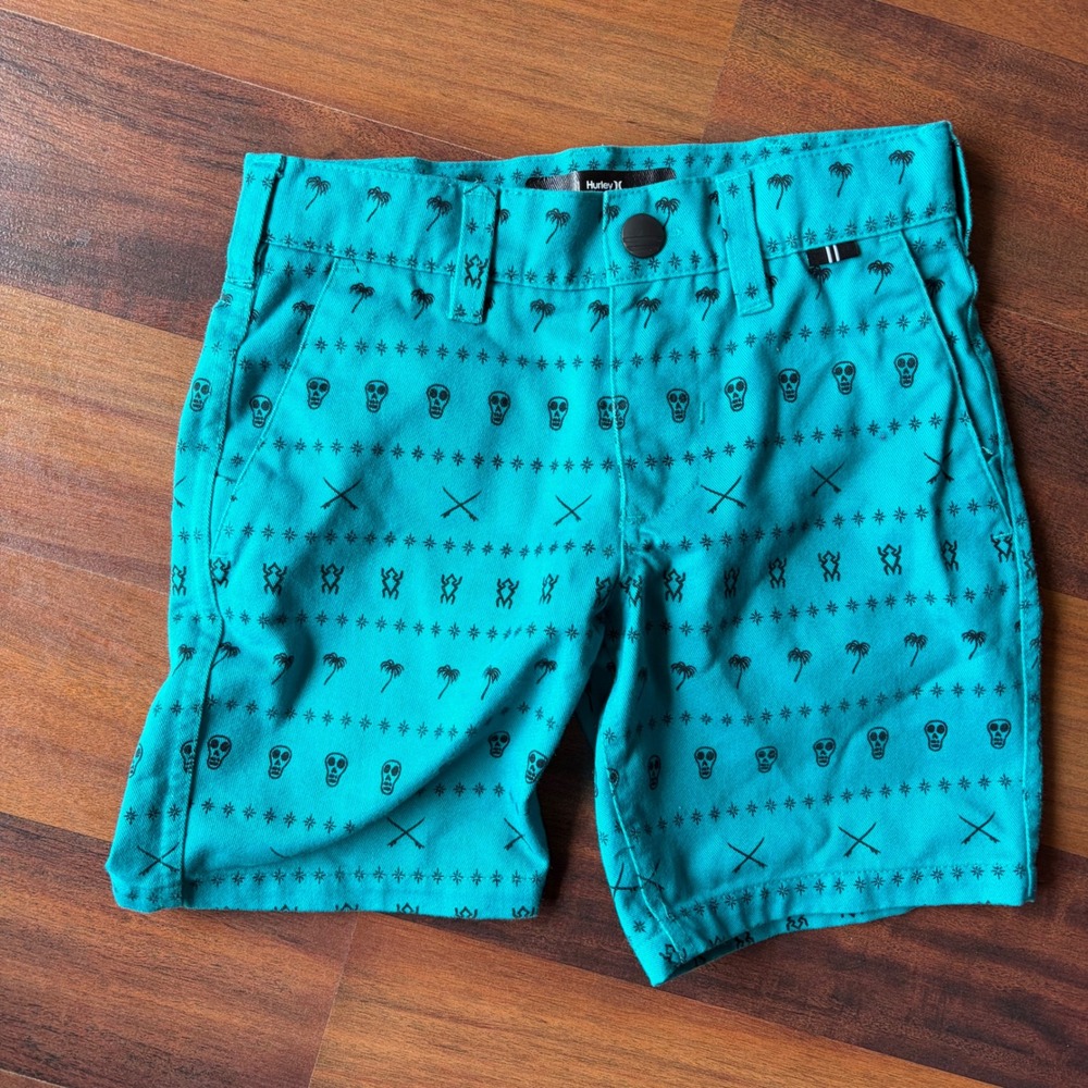 Hurley Boys Size 6 Teal Green Skull Palm Tree Skater Y2K Chino Walk Shorts